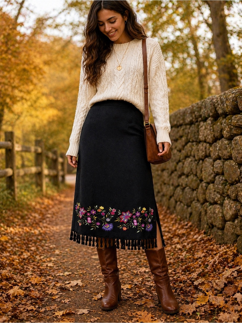 Paradox Black Embroidered Midi Skirt Fringe Hem Boho Size 10